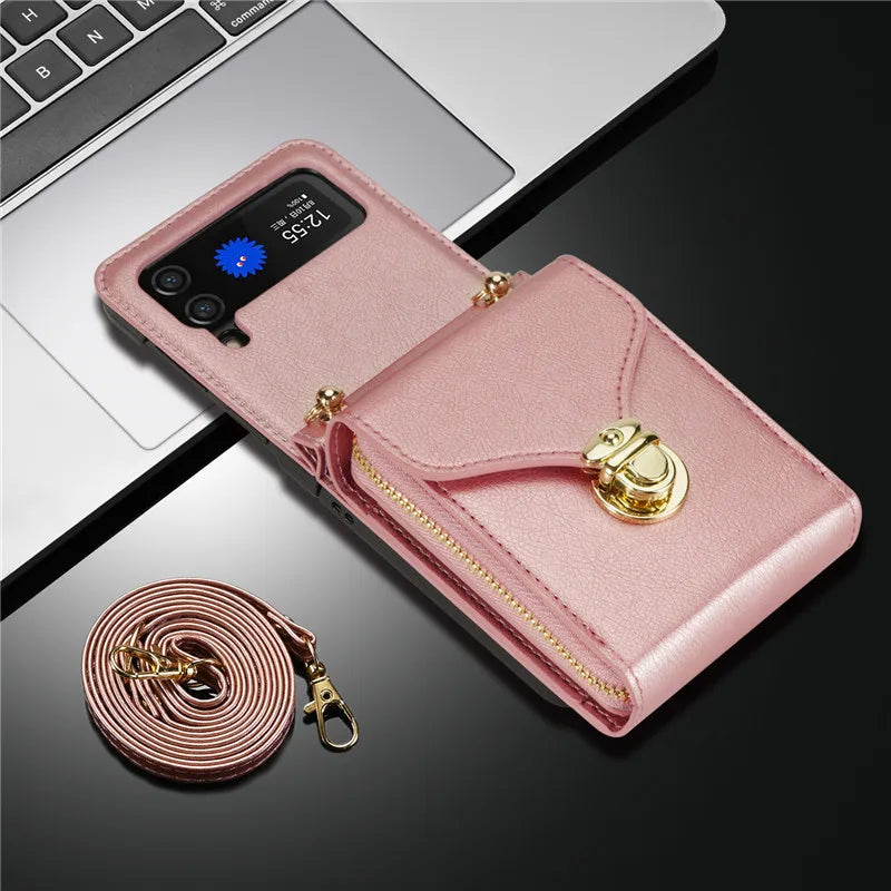 Lanyard Leather Zipper Wallet Card Slot Phone Case for Samsung Galaxy Z Flip 3/4/5