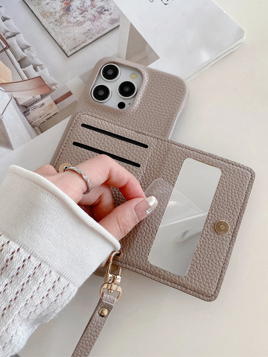 Luxury Lanyard Fold Card Holder PU Leather Case For iPhone Lichee Pattern Mirror Zipper Cover