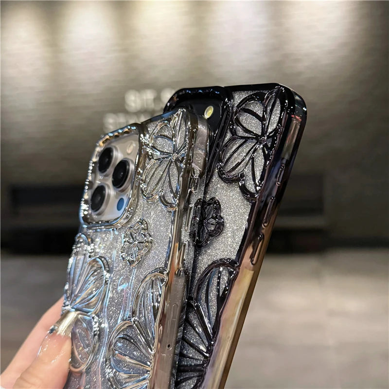 For iPhone Flash Glitter Flowers Plating Frame Phone Case Soft Protective Cover