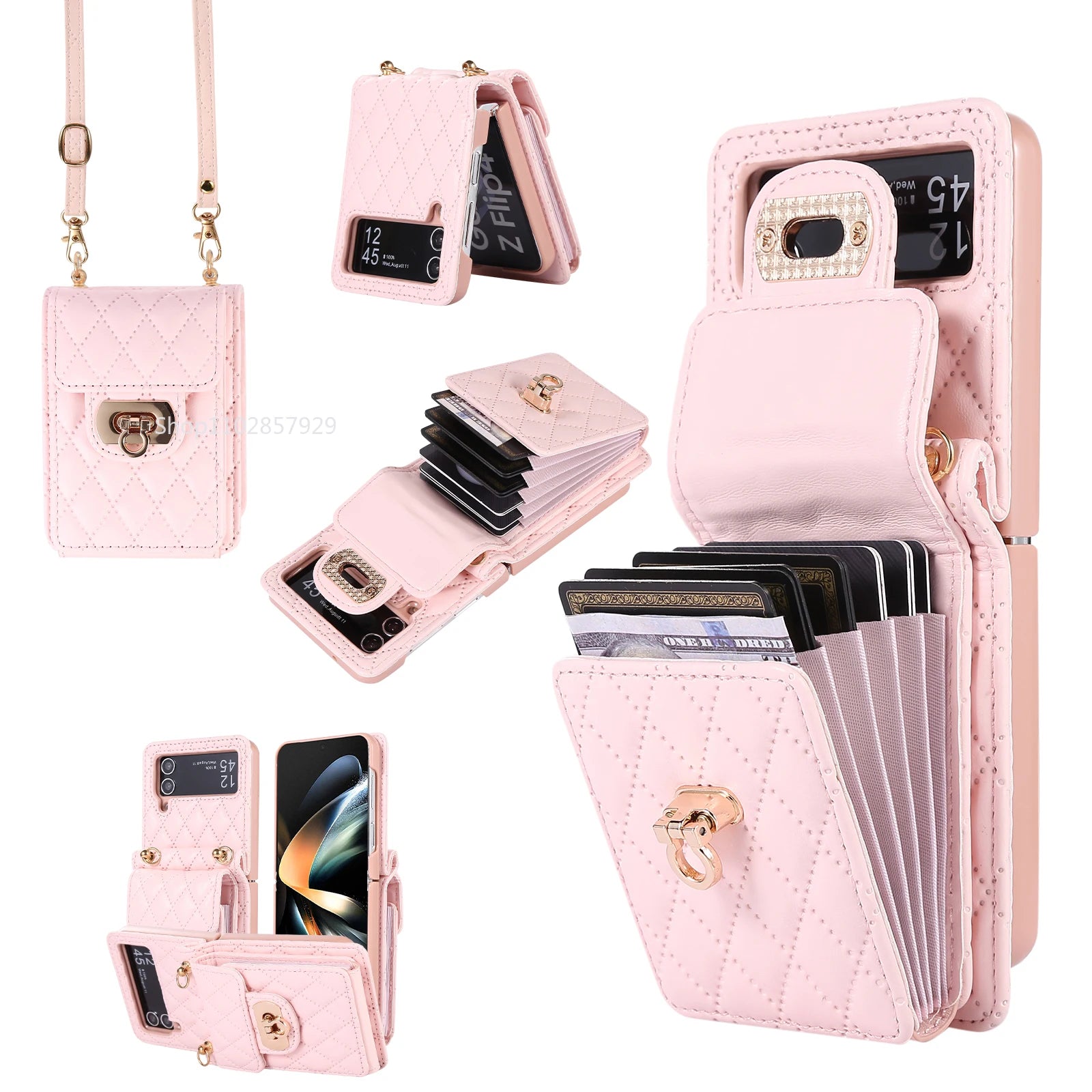 Crossbody Wallet Case for Samsung Z Flip3 4 5 Fashion Metal Snap Leather Card Holder Lanyard Phone Cover