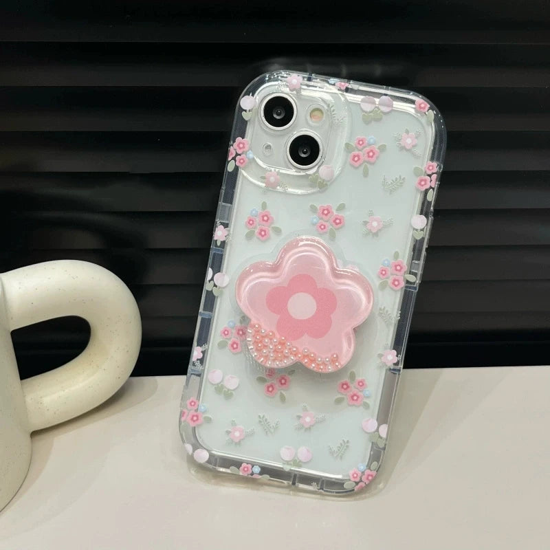 Cute Quicksand Pink Flower Holder Phone Case For iPhone Stand Floral Clear Soft Cover