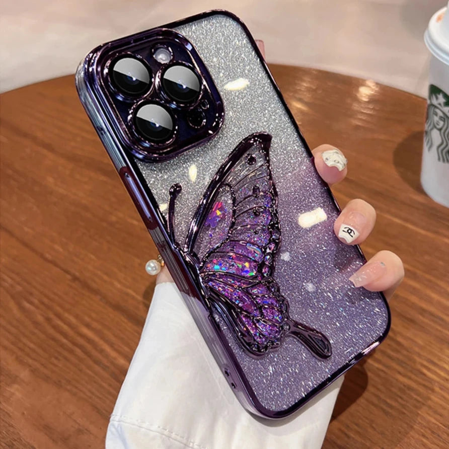 Plating Bumper Flash Glitter Butterfly Phone Case For iPhone Lens Protector Cover