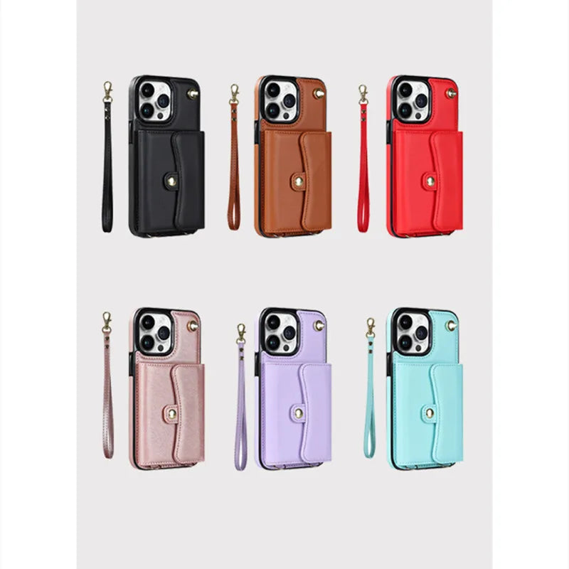 Magnetic Multi Card Slots Crossbody Strap Case for iPhone Luxury Leather Wallet Stand Cover