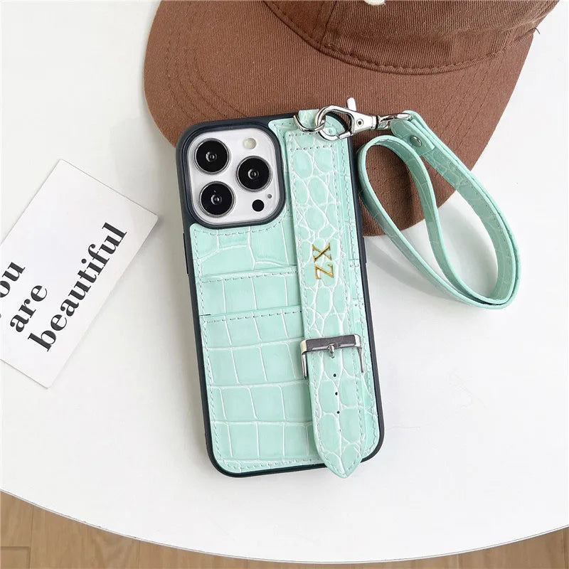 Customized Gold Letters PU Leather Card Holder Cases For iphone 12 13 14 15 16 Pro Max Pro Plus Luxury Wrist Strap hard Cover