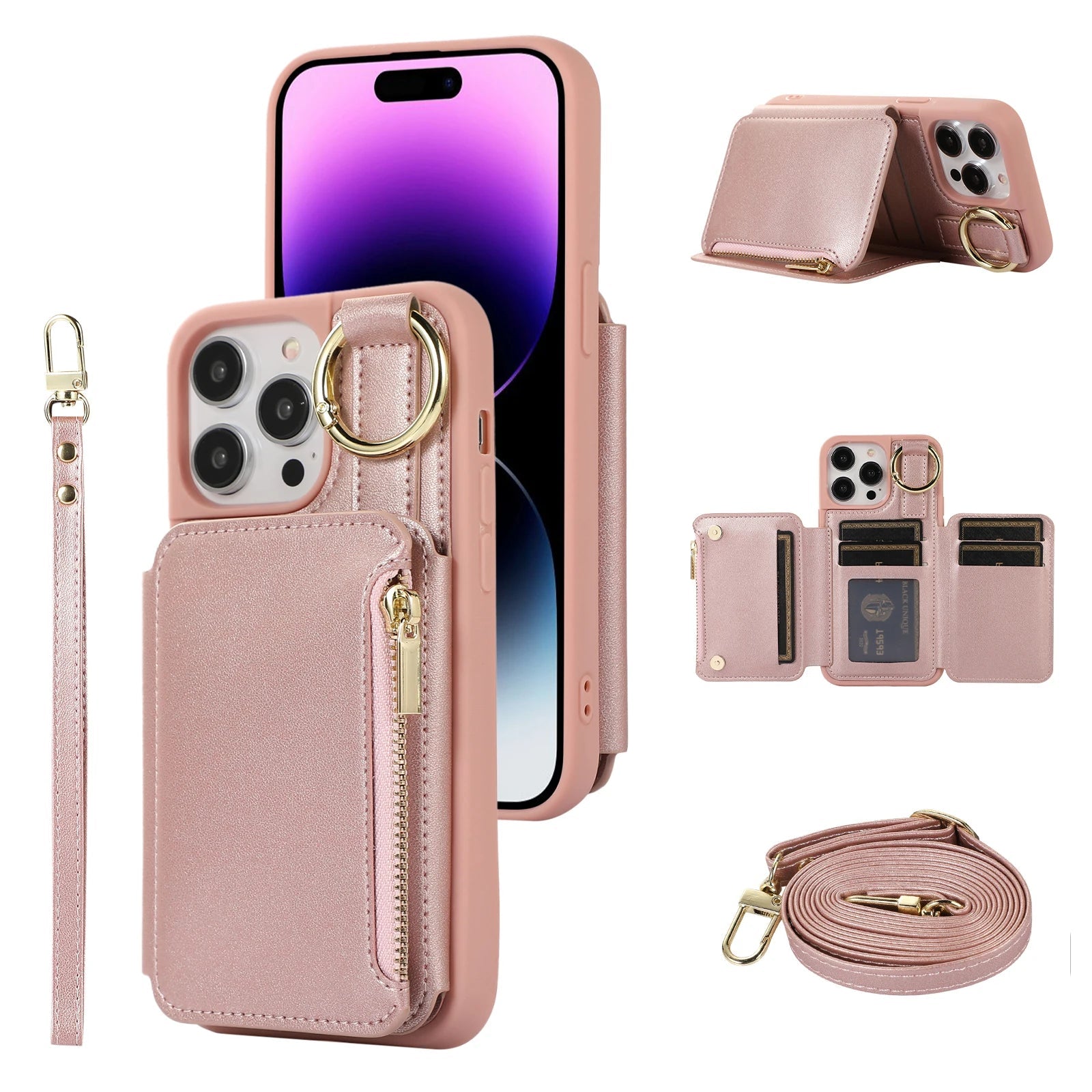 5-Card Slot Zipper Leather Wallet Phone Case for iPhone – Dual Layer, Ring Holder, Crossbody & Anti-Drop Cover with Long & Short Straps