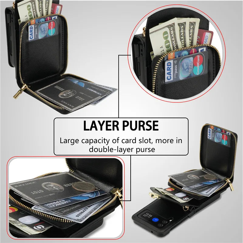 Lanyard Leather Zipper Wallet Card Slot Phone Case for Samsung Galaxy Z Flip 3/4/5