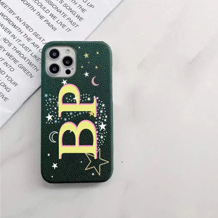 Personalised Initial letters Pebble Grain Leather Case for iphone 11 12 14 13 15 16Pro Max XS Max XR 16 Plus Covers Moon & Stars