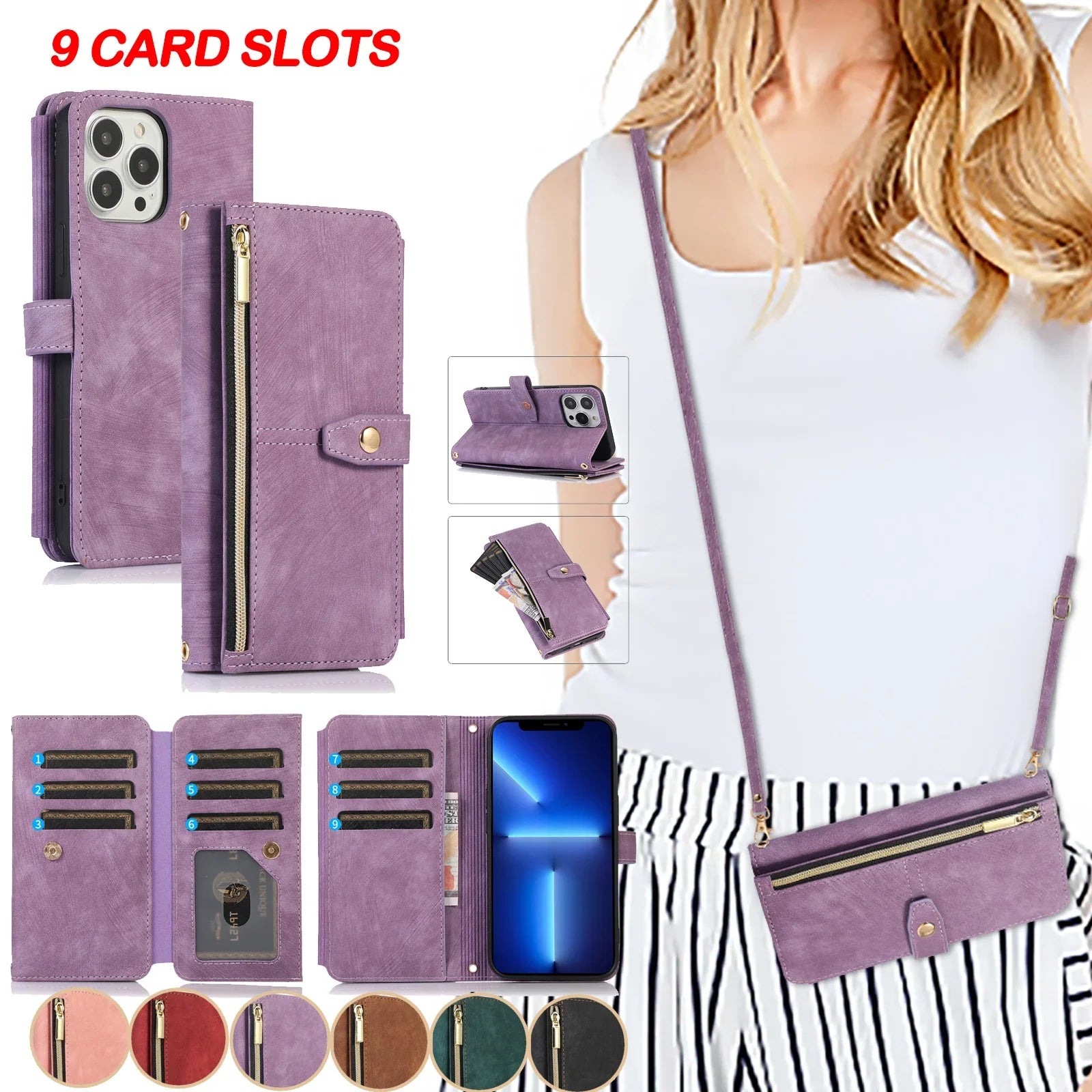 Crossbody Zipper Walle Case for iPhone | Card Holder Lanyard Leather Cover