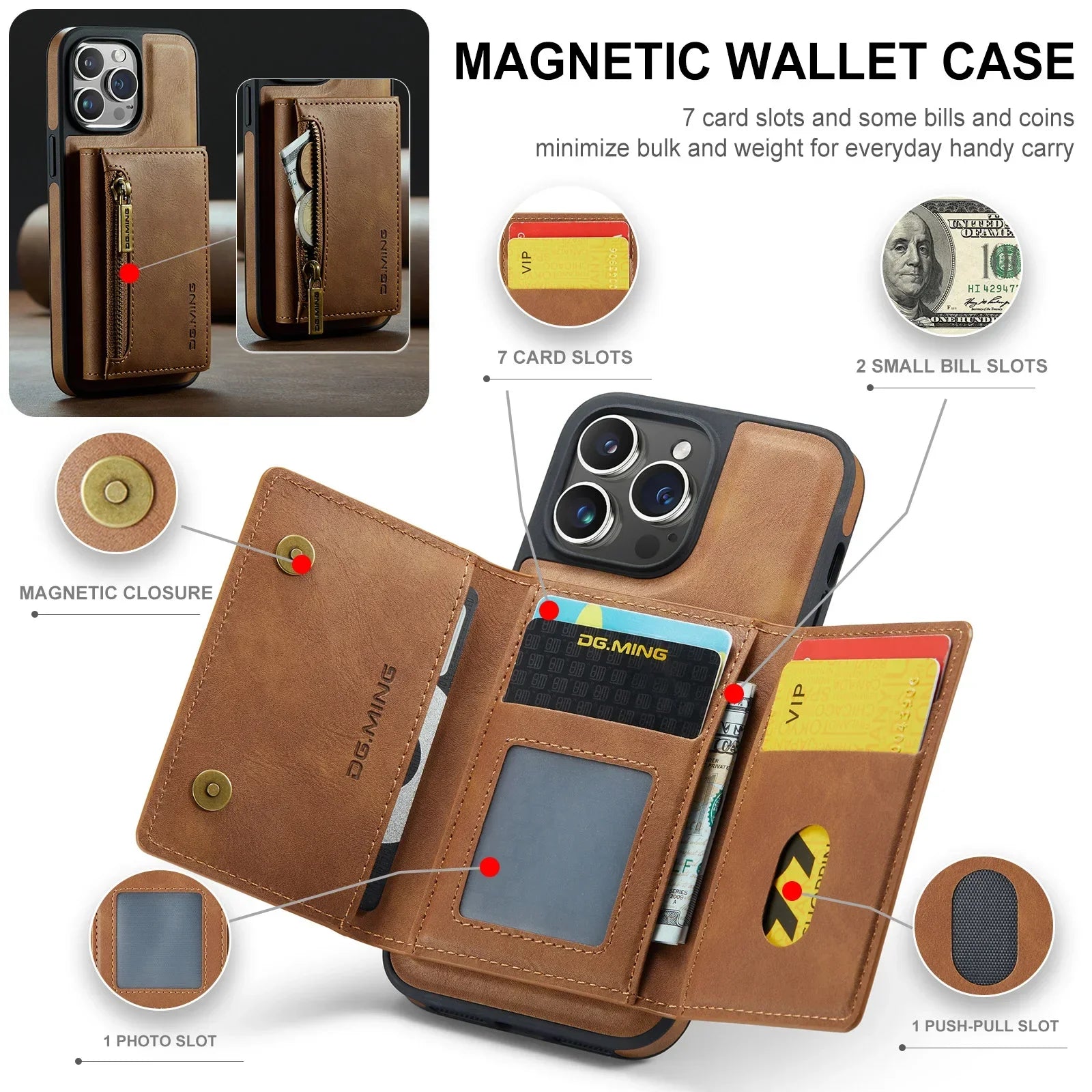 2 in 1 Magnetic Leather RFID Wallet Card Phone Case for iPhone