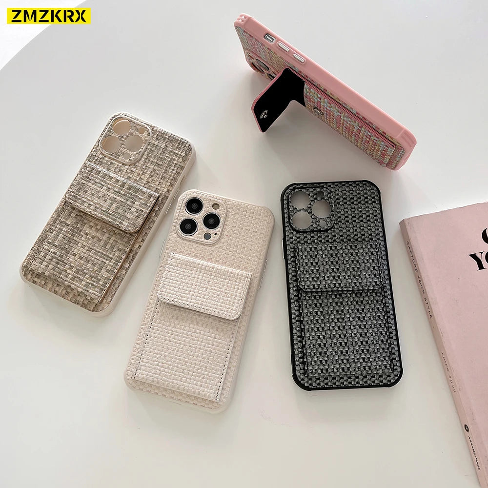 Card Slot Bag Holder Weave Pattern Case For iPhone Shockproof Wallet Cover