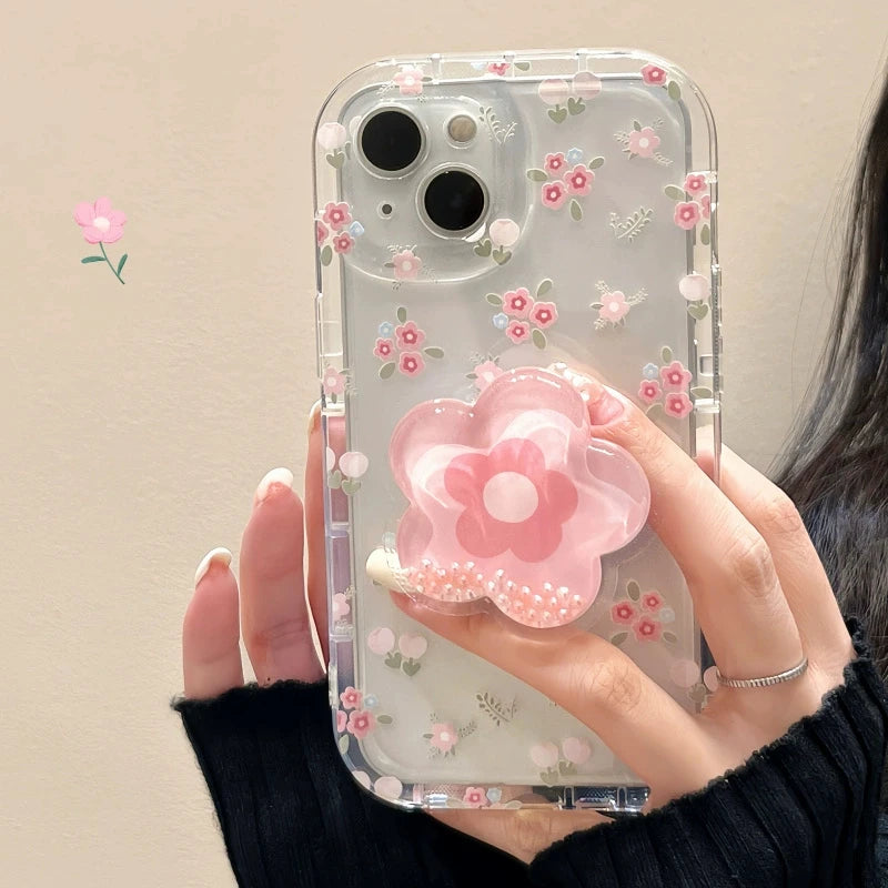 Cute Quicksand Pink Flower Holder Phone Case For iPhone Stand Floral Clear Soft Cover