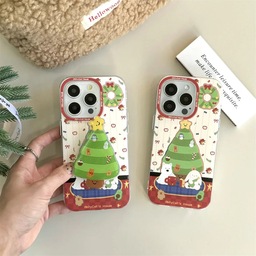 New Year Christmas Tree style Phone Bracket Case for IPhone 16 15 14 Pro Max 11 13 12 Mini Plus Grip Tok Stand Holder Back Cover