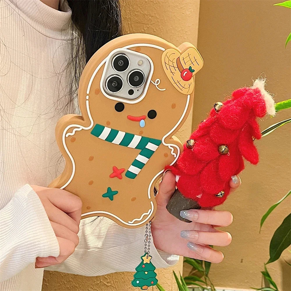 Cute 3D Hat Scarf Gingerbread Man Christmas Tree Pendant Silicon Case, Funny Cartoon Cover