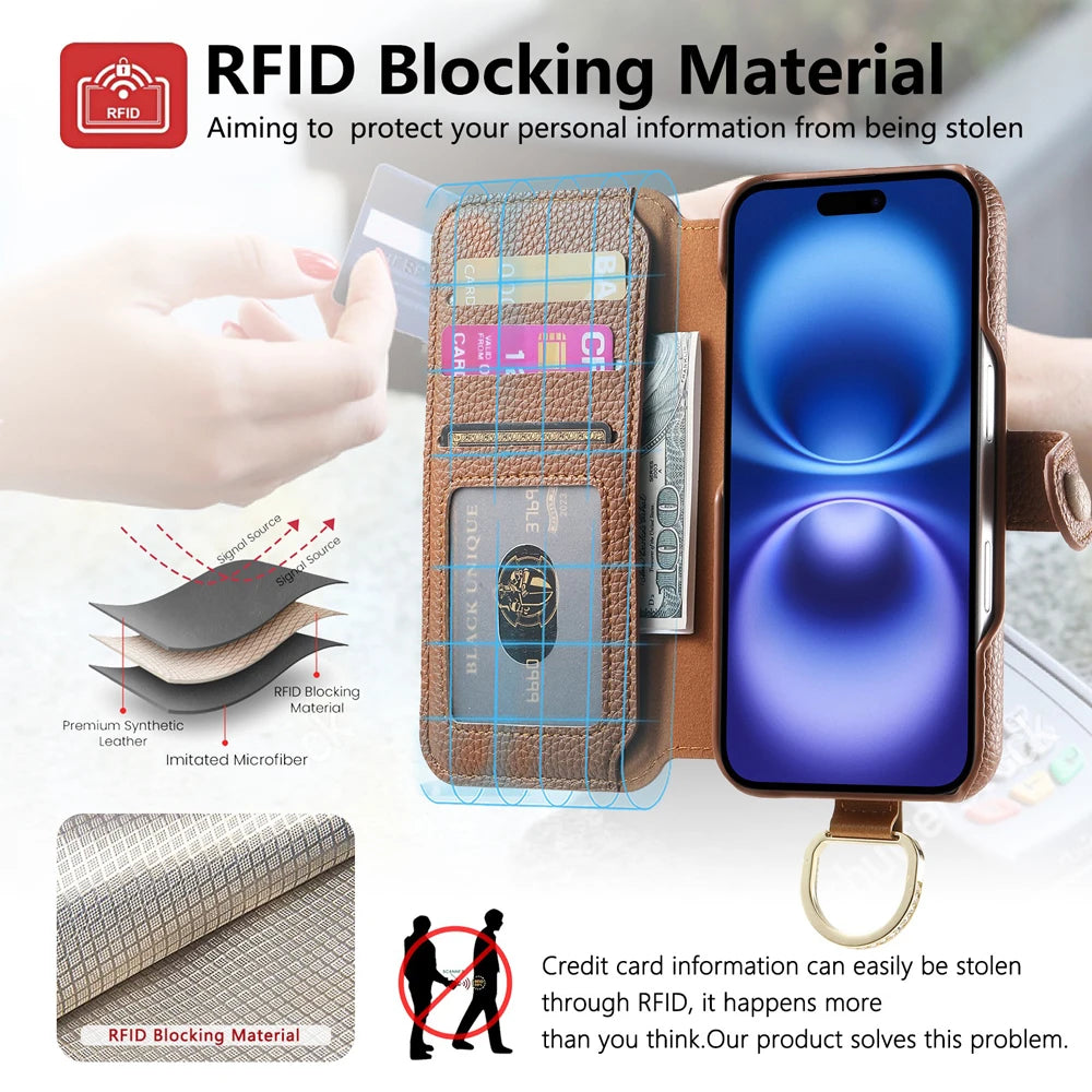 Litchi Patterned Flip Leather Wrist Strap Holder Phone Case for iPhone 16 15 Plus 14 13 12 Pro Max Card Bag Protection Cover