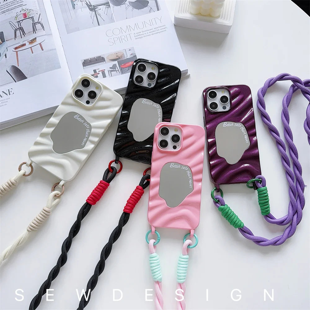 Wave Mirror Lanyard Braided Rope Crossbody Phone Case for iPhone  Protective Cover