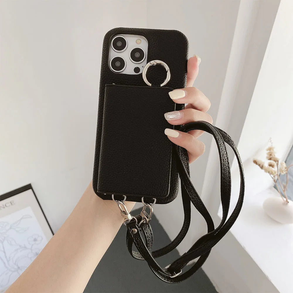 Crossbody Wallet Phone Case For iPhone Leather Mirror Card Slot Lanyard Shoulder Strap