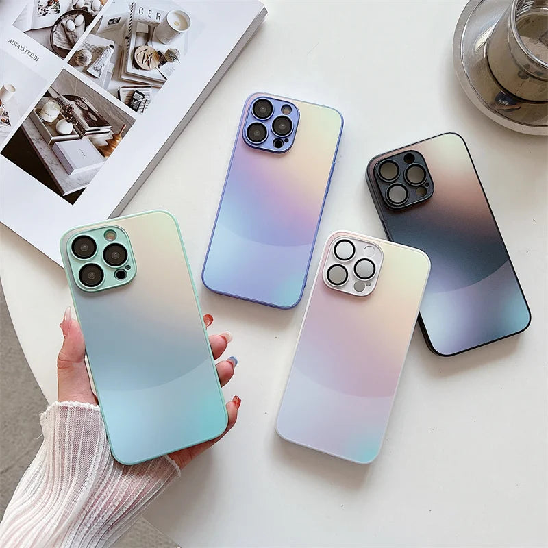 Matte Gradient Color Tempered Glass Phone Case For iPhone Camera Lens Protection Cover Coque