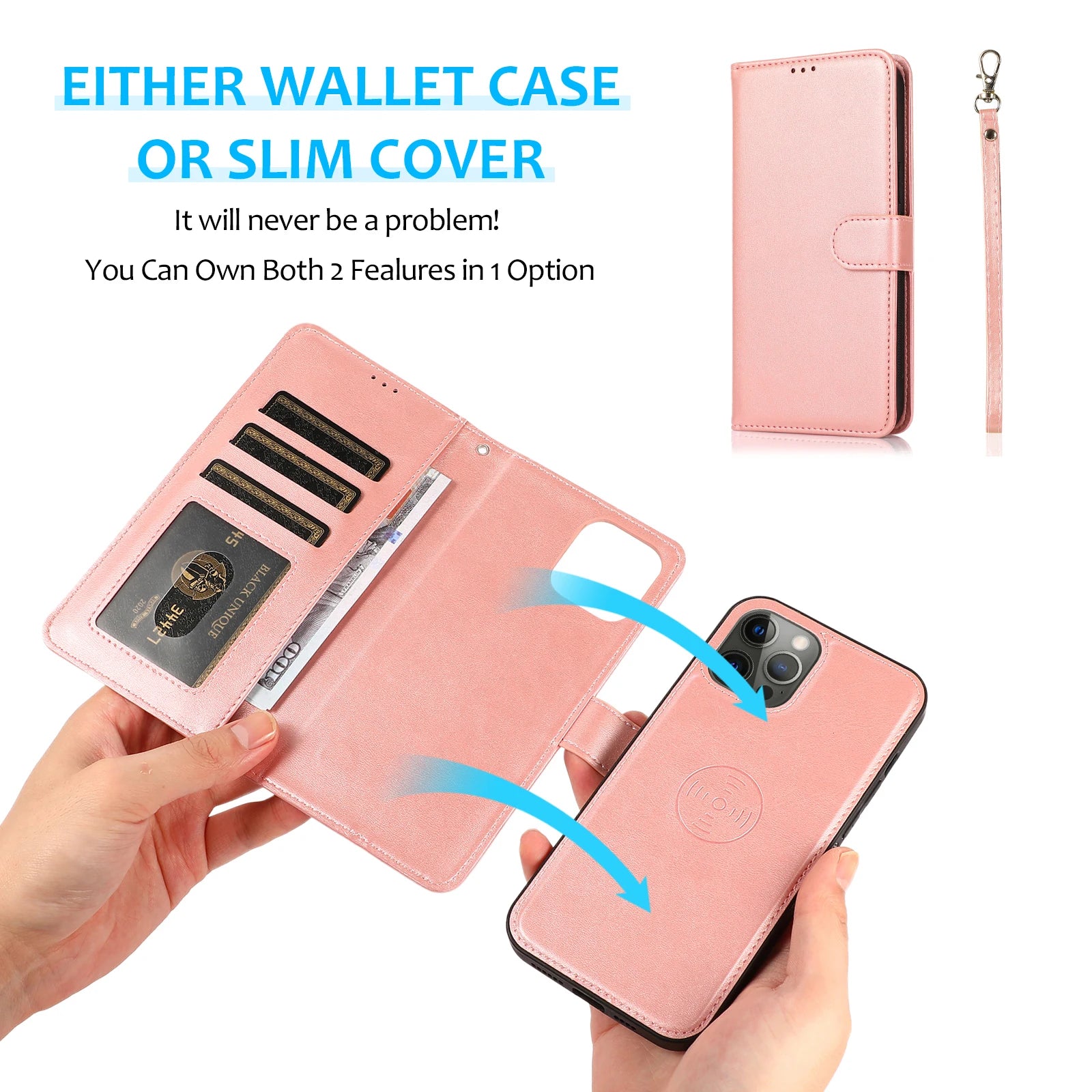 2 in 1 Magnetic Flip Leather Wallet Case for iPhone Card Slot Detachable Cover