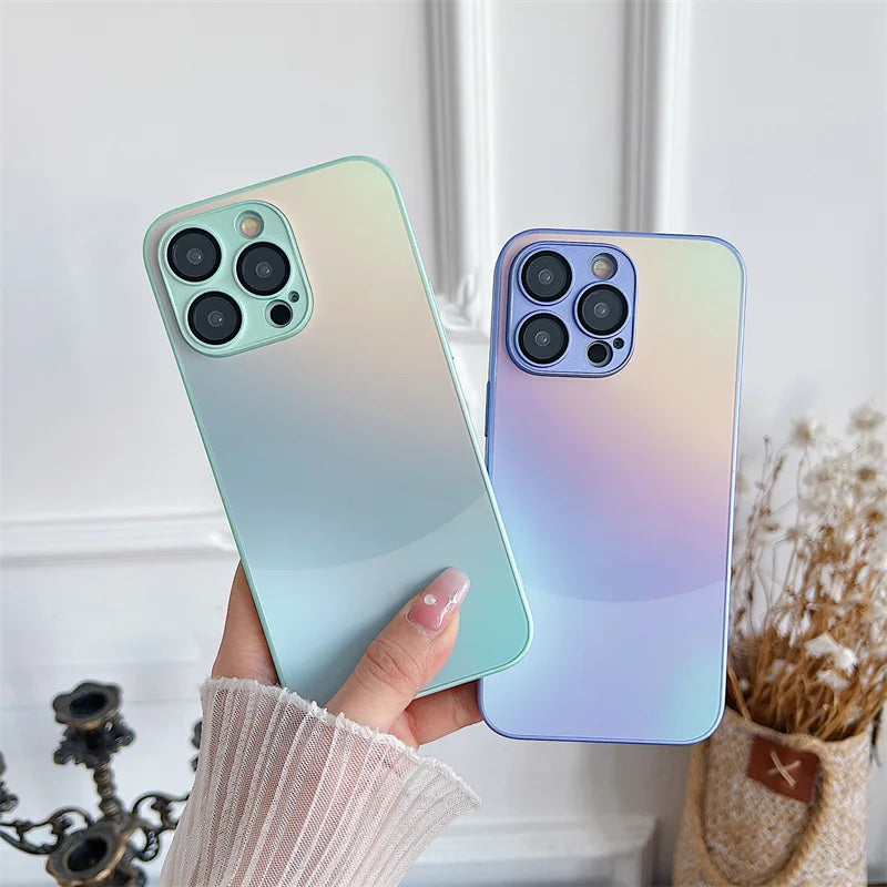 Matte Gradient Color Tempered Glass Phone Case For iPhone Camera Lens Protection Cover Coque