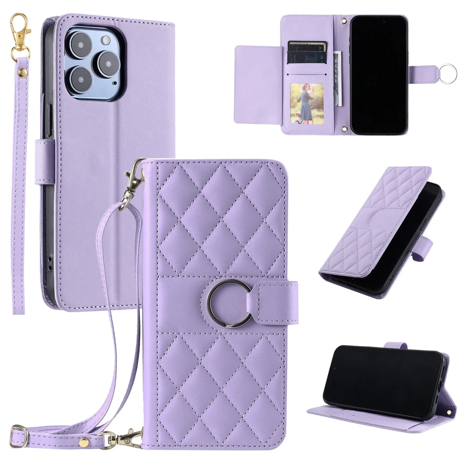 Luxury Crossbody Wallet Phone Case Ring Buckle Premium Leather Cards Slot Case for iPhone 16 15 14 13 12 11 Pro Max Plus