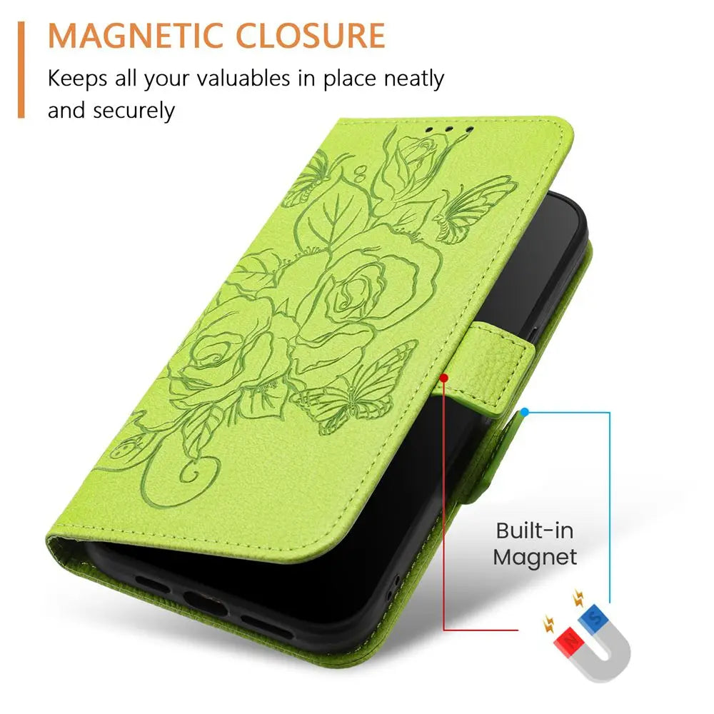 Rose Leather Wallet Flip Phone Case for iPhone 16 15 14 13 12 11 Pro Max Plus Mini X XR – Card Holder, Shockproof, Stand, Magnetic Closure