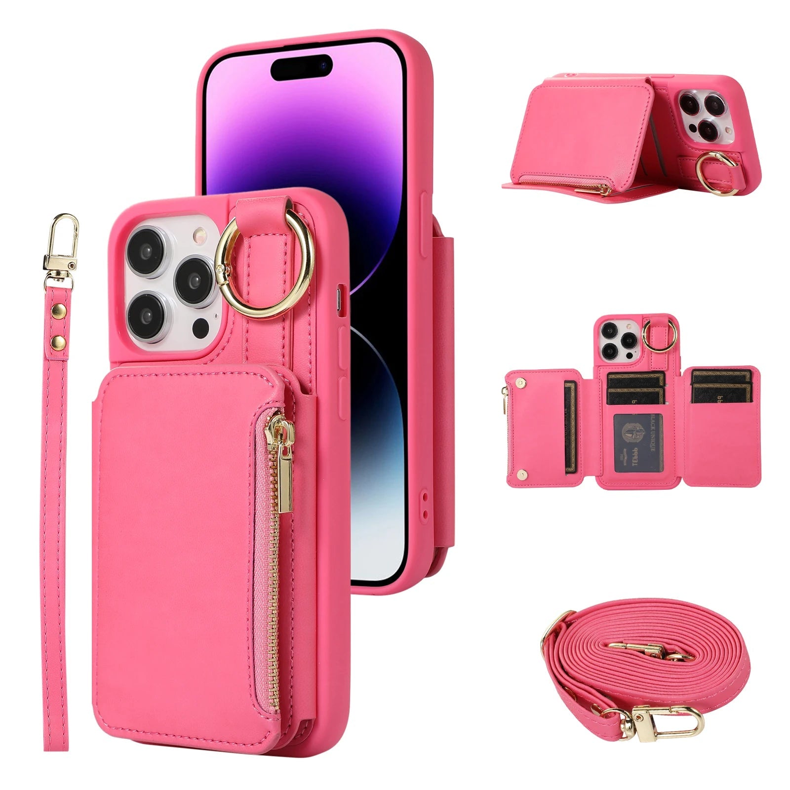 5-Card Slot Zipper Leather Wallet Phone Case for iPhone – Dual Layer, Ring Holder, Crossbody & Anti-Drop Cover with Long & Short Straps