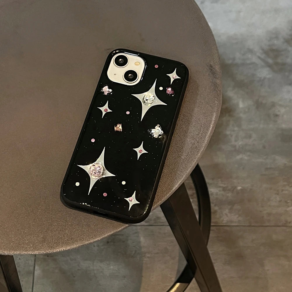 3D Rhinestone Star Phone Case For iPhone | Luxury Black Soft Back Cover