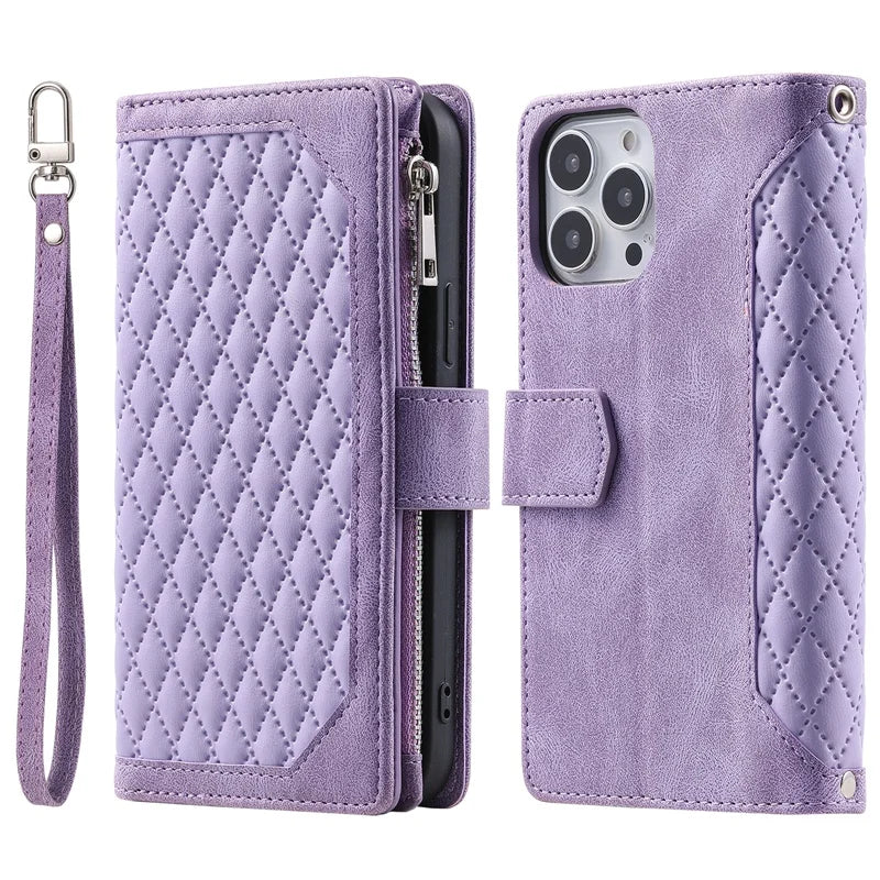 Luxury Double Layer Card Slots Zipper Wallet Case for iPhone Lozenge Flip Cover