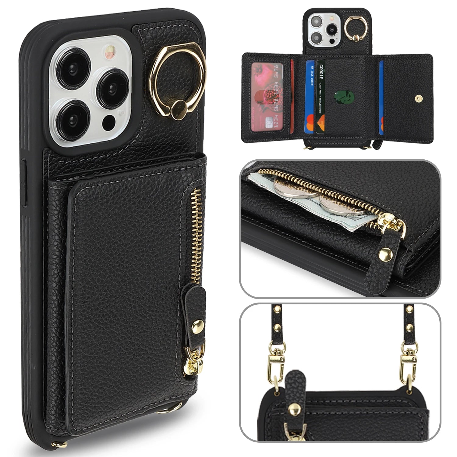 Leather Phone Wallet Case For Iphone Protective Leather Cover Ring Holder Zipper Cards Holder