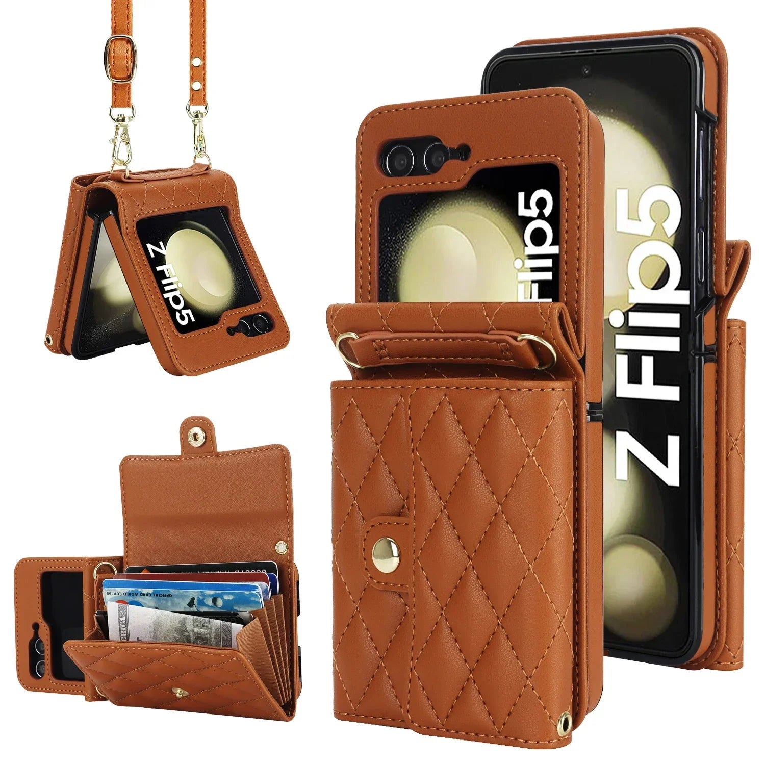 Crossbody Bag Fashion Leather Phone Case For Samsung Galaxy Z Flip 6 5 4 3 Long Lanyard Wallet Card Cover