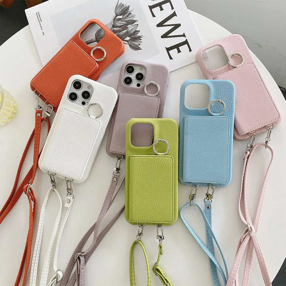 Crossbody Wallet Phone Case For iPhone Leather Mirror Card Slot Lanyard Shoulder Strap