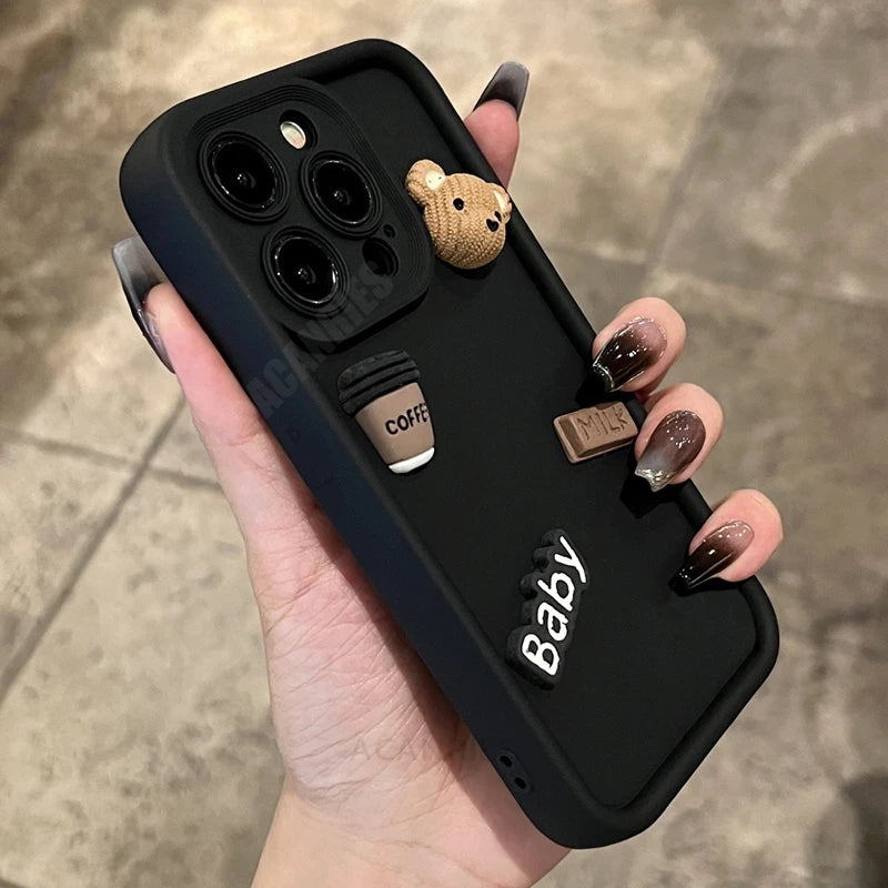 Cute 3D Bear Coffee Cartoon Silicone Case, Soft Matte Cover