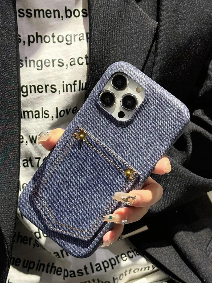 Luxury Denim Leather Card Bag Case For iPhone