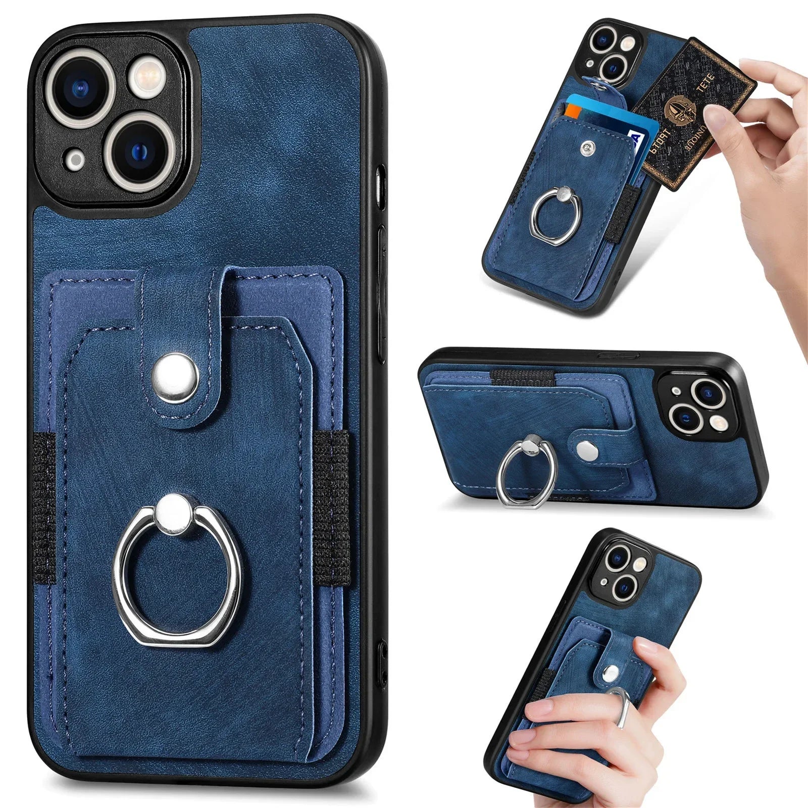 Wallet Card Slot Phone Case For iPhone 15 14 13 12 11 Pro Max Plus Magnetic Finger Ring Holder Leather Cover Casing