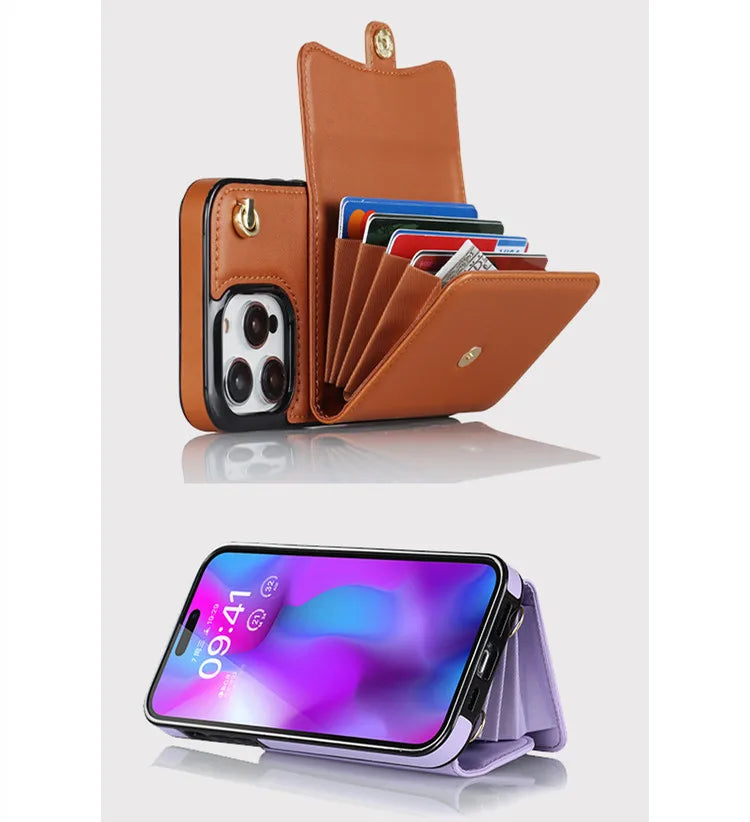 Magnetic Multi Card Slots Crossbody Strap Case for iPhone Luxury Leather Wallet Stand Cover