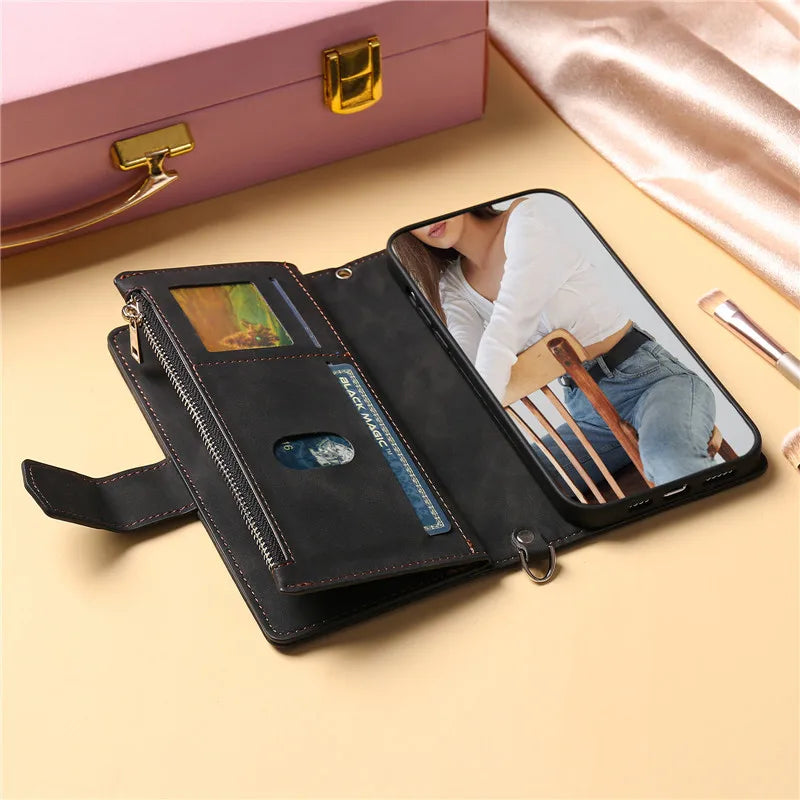 Long Lanyard Flip Leather Phone Case For iPhone Zipper Wallet Card Cover