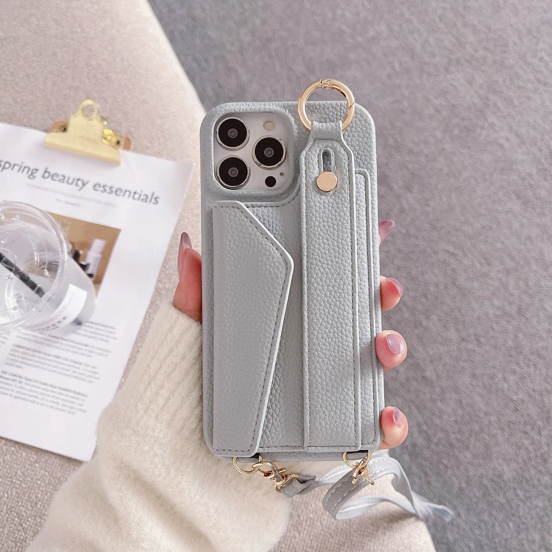 Ring Crossbody Wrist Strap Wallet Leather Cover for IPhone 16 15 14 13 12 11 Pro Max Phone Case with Card Slot Holder Lanyard