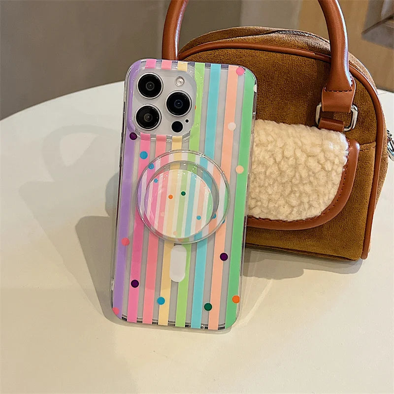 Color Stripes Polka Dot Magnetic Phone Case For iPhone For Magsafe Charge Cover