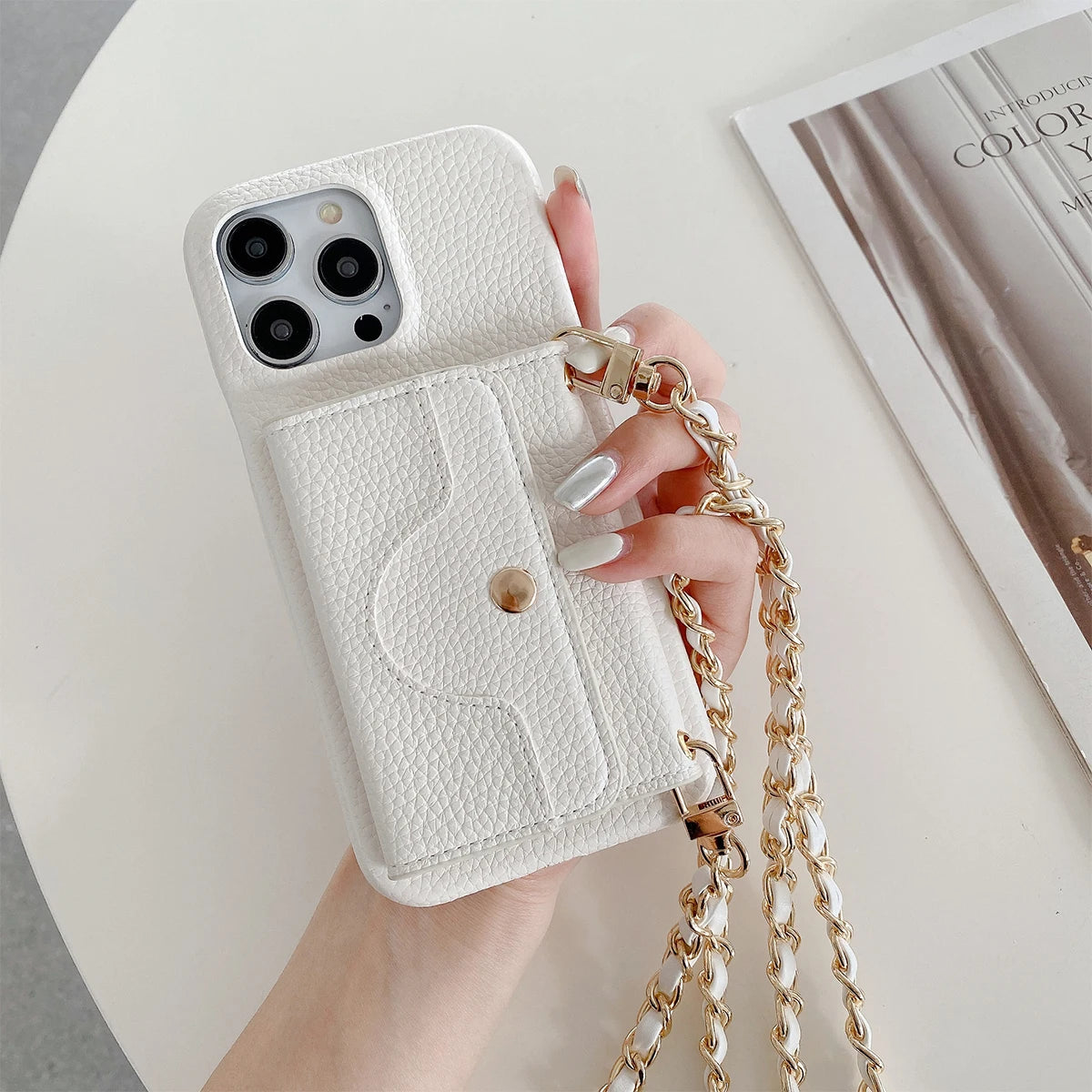 Metal Chain Strap Leather Wallet Phone Case For iPhone Small Mirror Card Holder