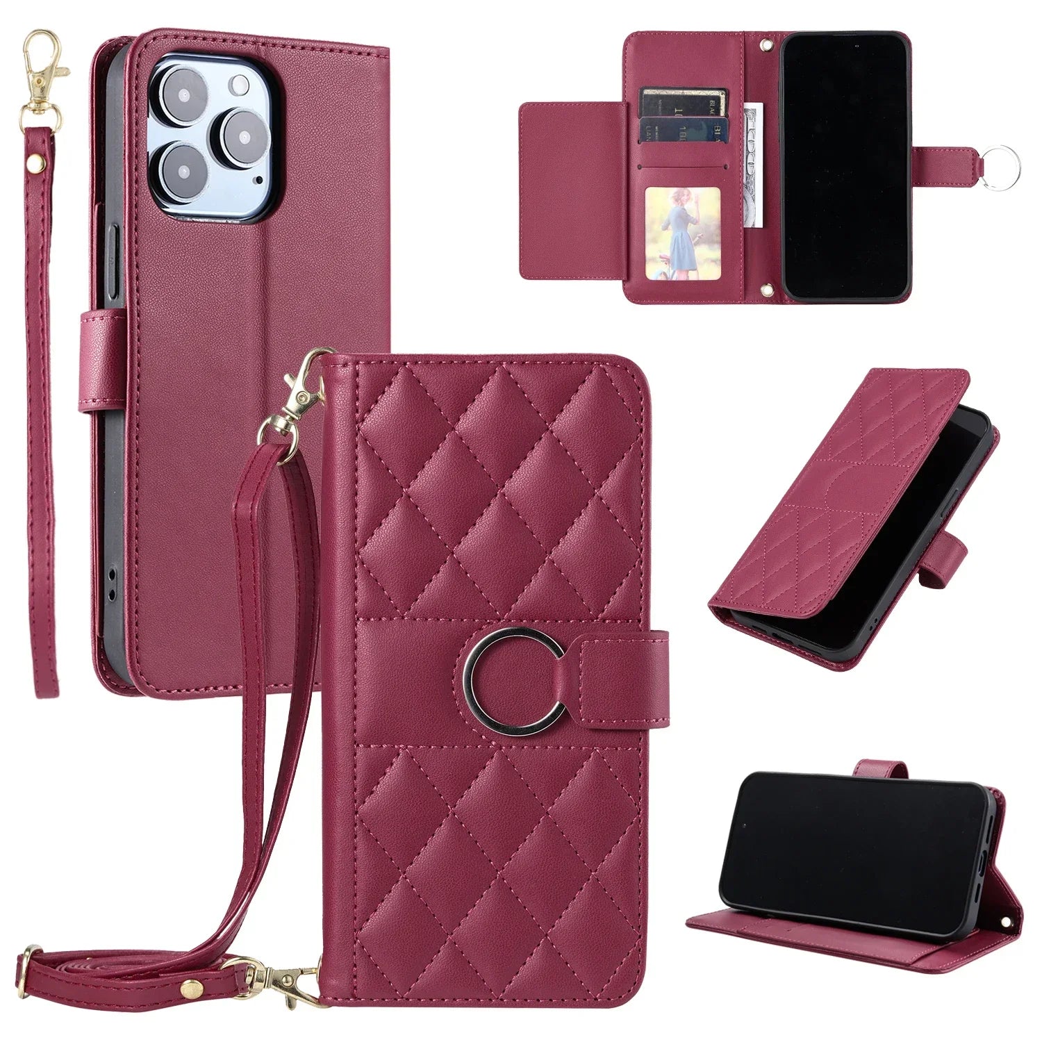 Luxury Crossbody Wallet Phone Case Ring Buckle Premium Leather Cards Slot Case for iPhone 16 15 14 13 12 11 Pro Max Plus