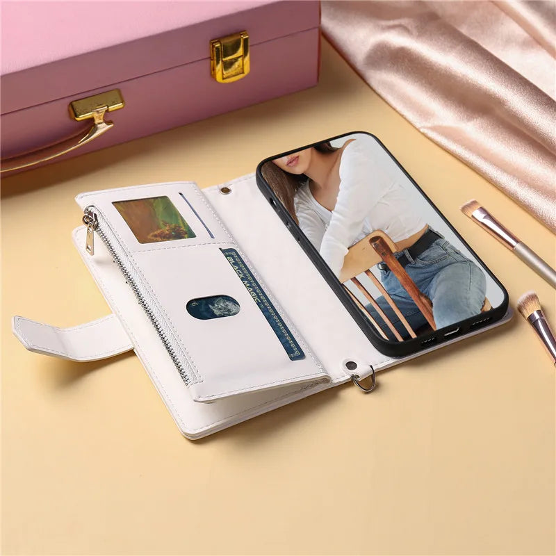 Long Lanyard Flip Leather Phone Case For iPhone Zipper Wallet Card Cover