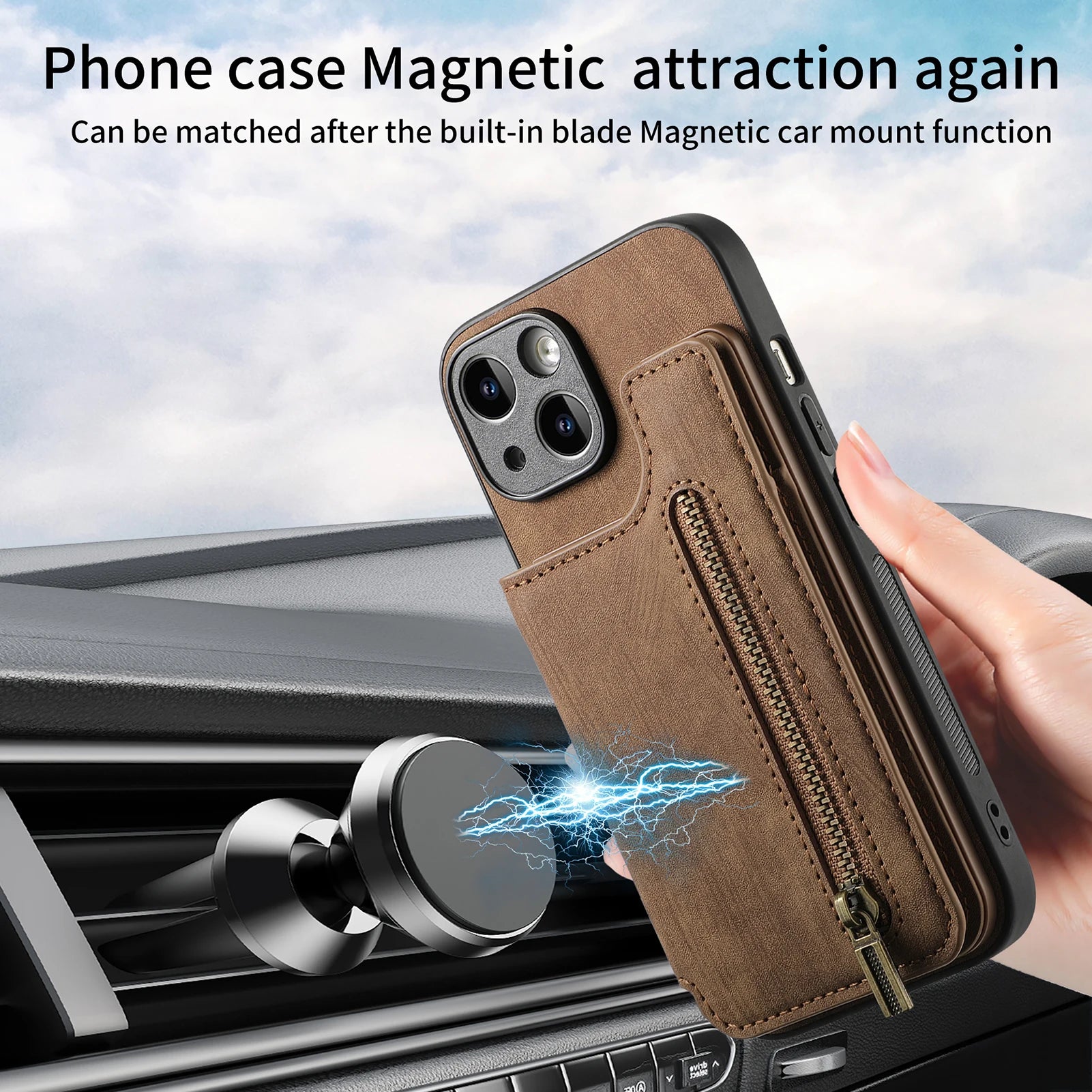 Leather Wallet Phone Case | Zippered Pocket | Credit Card Slot | Magnetic Double Buckle for iPhone 11-16 Series