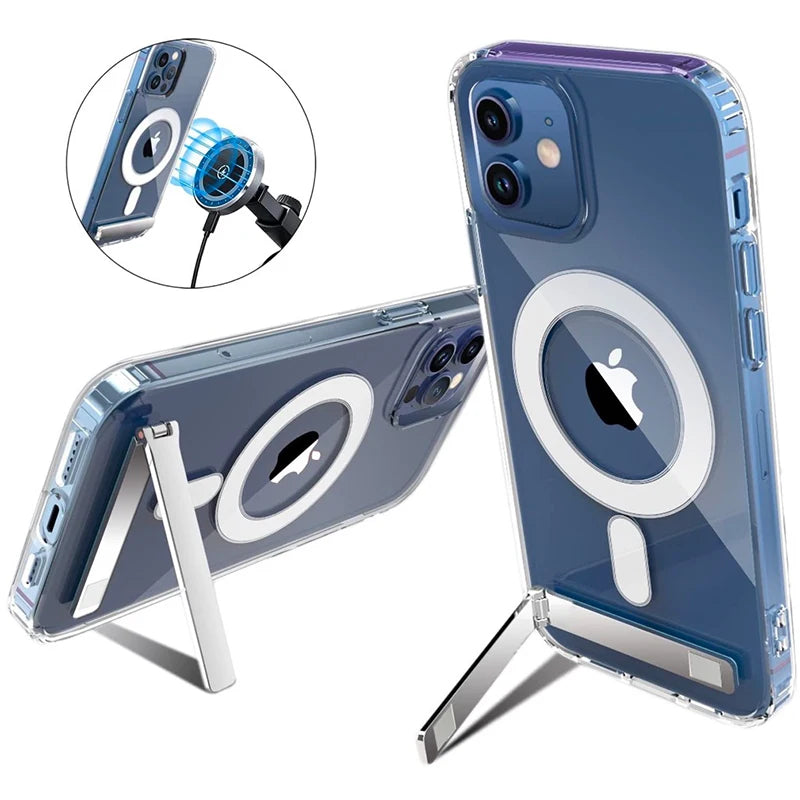 Clear Magnetic Phone Case for iPhone, Metal Kickstand for MagSafe Wireless Charging Back Cover