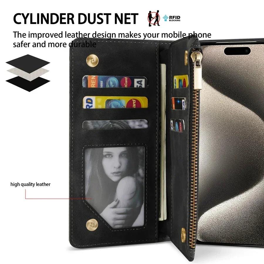 Classic Wallet Multi-Card Zipper Leather Case with Kickstand & Magnetic Flip for iPhone 16 15 14 13 12 11 Pro Max Plus