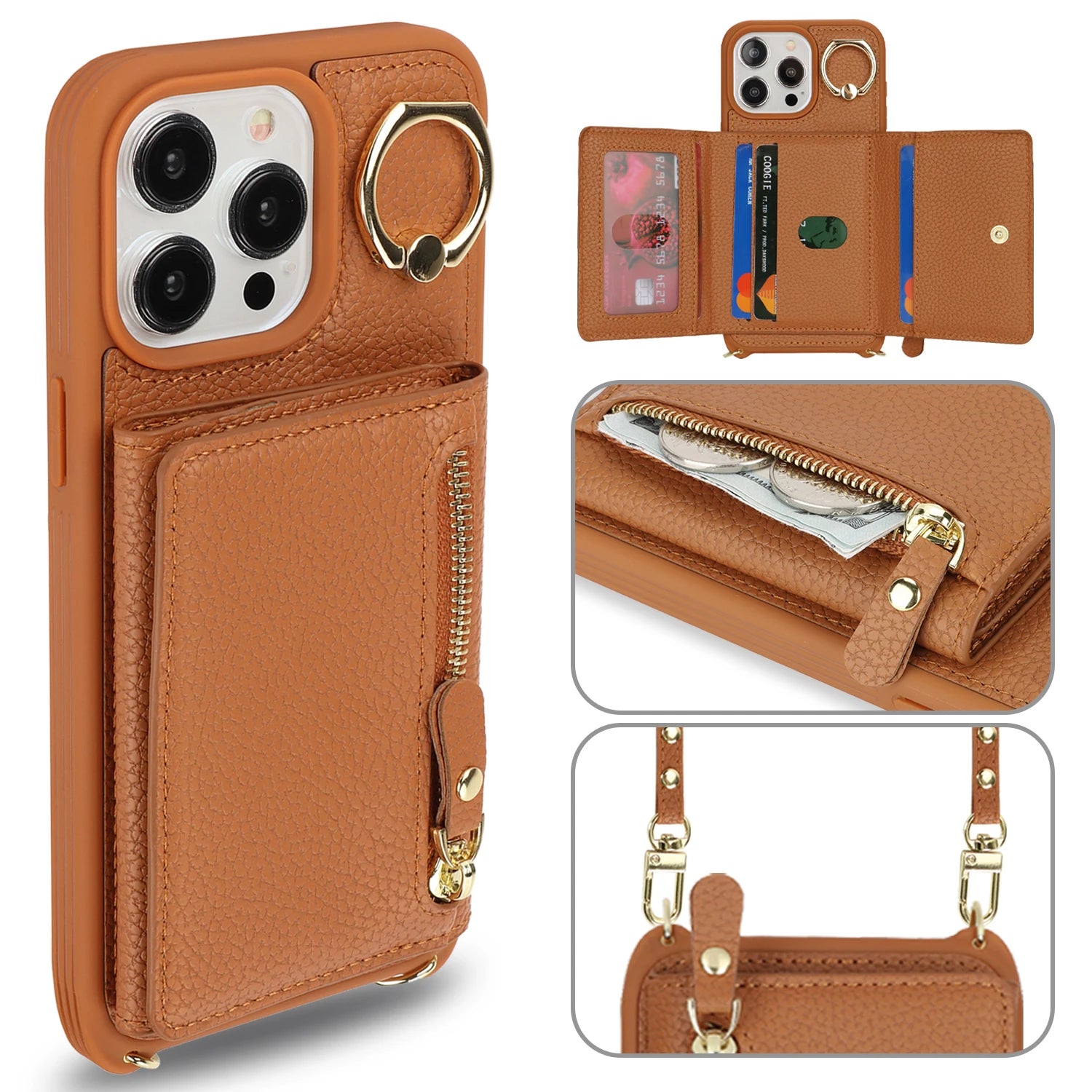 Leather Phone Wallet Case For Iphone Protective Leather Cover Ring Holder Zipper Cards Holder