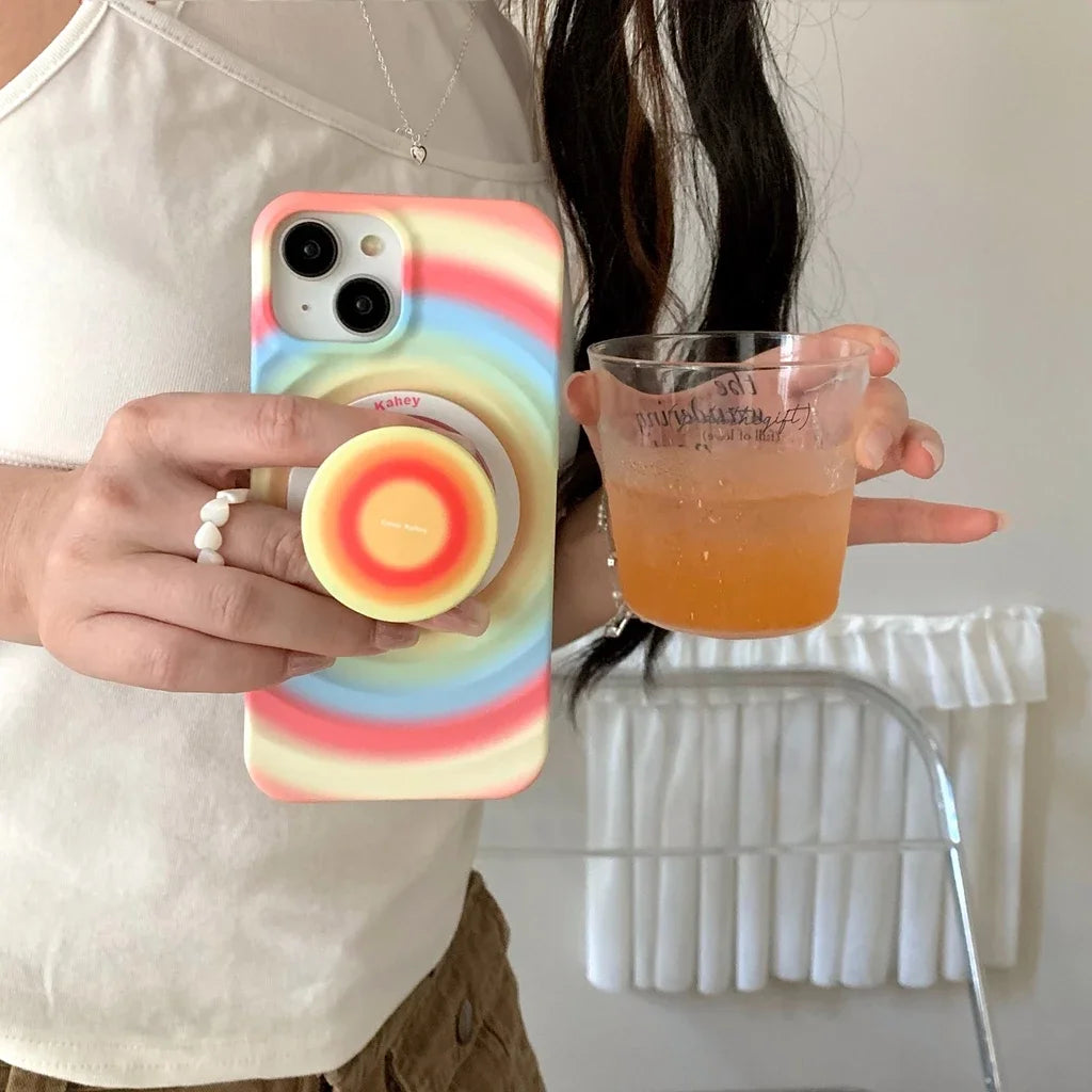 2in1 Rainbow Circle Ripple Pattern Matte With Holder Magnetic Wireless Charging Phone Cover Case