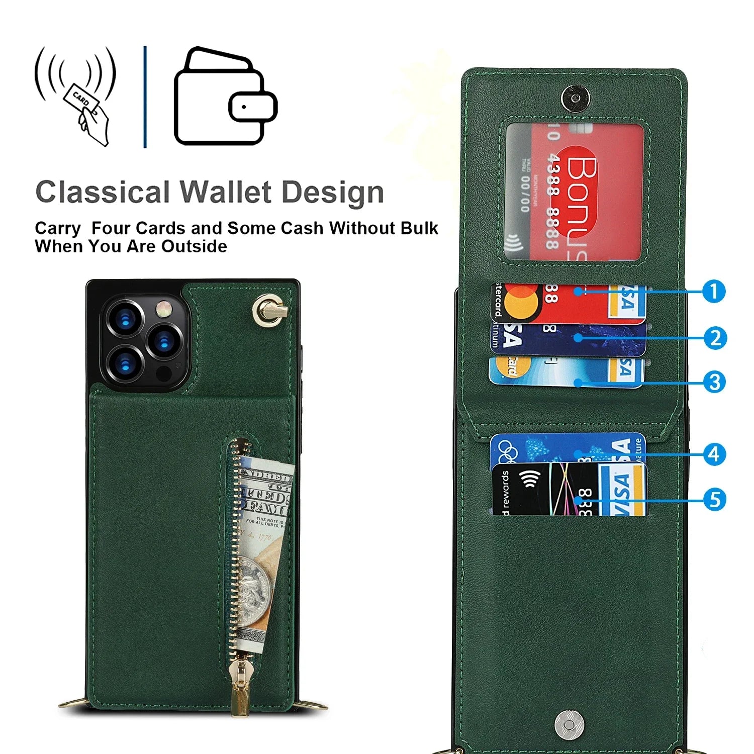 Luxury Crossbody Zipper Wallet Square Phone Case for iPhone with Card Holder Lanyard Strap Leather Cover