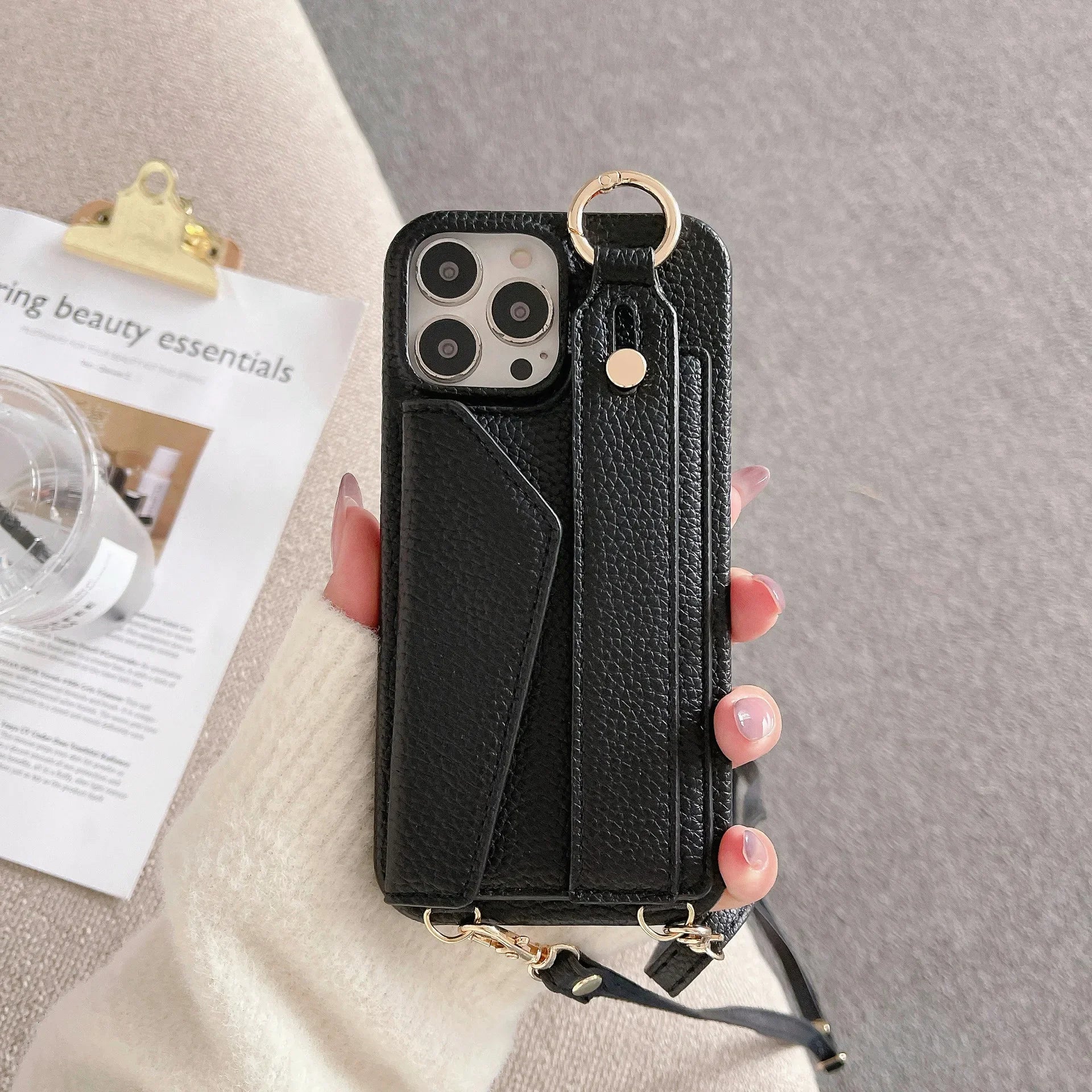 Ring Crossbody Wrist Strap Wallet Leather Cover for IPhone 16 15 14 13 12 11 Pro Max Phone Case with Card Slot Holder Lanyard