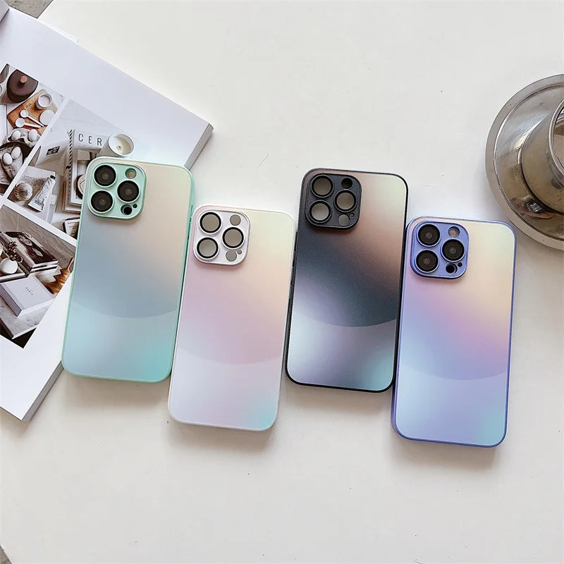 Matte Gradient Color Tempered Glass Phone Case For iPhone Camera Lens Protection Cover Coque