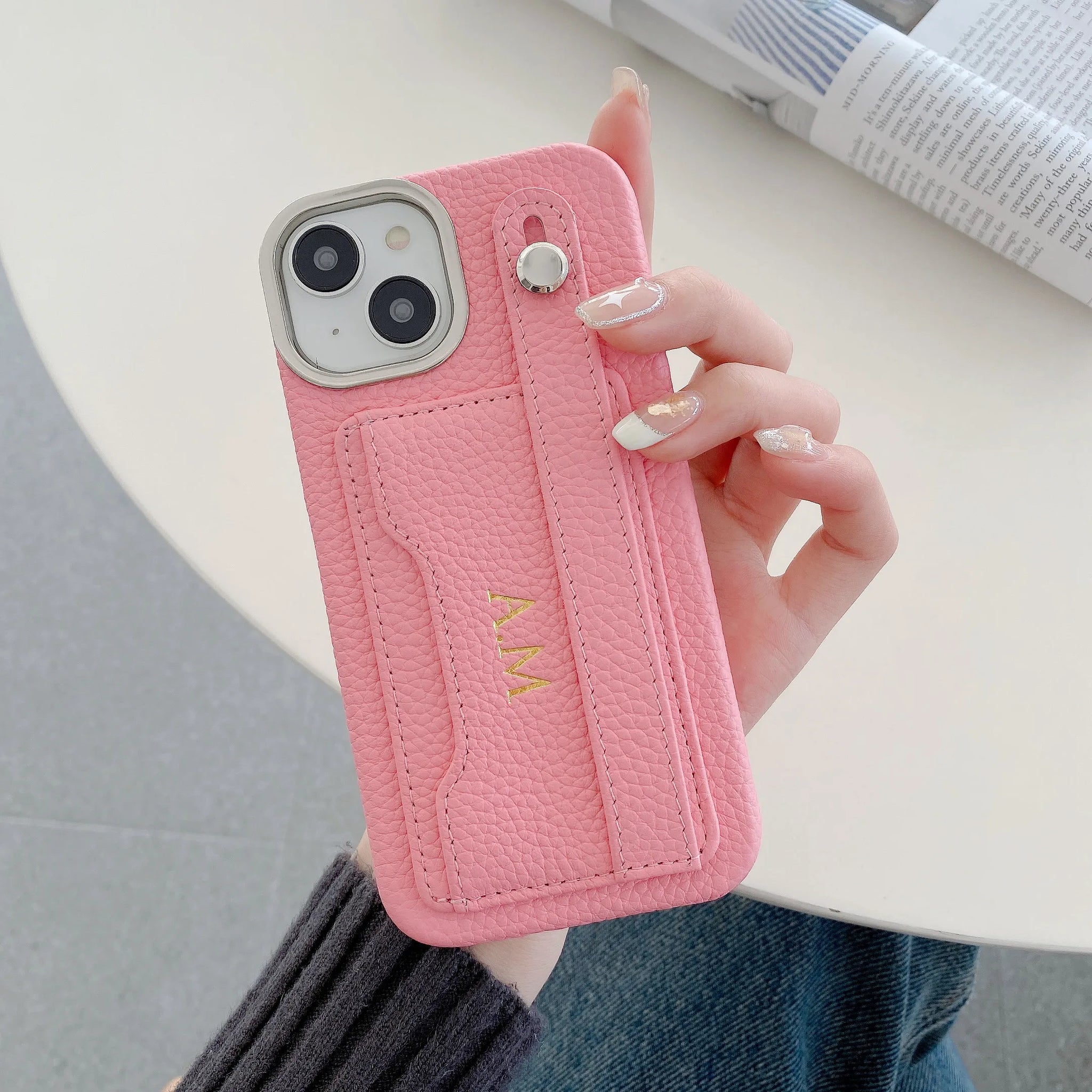 Customized Genuine Engraved Name Letter Leather Phone Case iPhone 15 14 13 12 11Promax Personalized Wristband CardHolder Cover